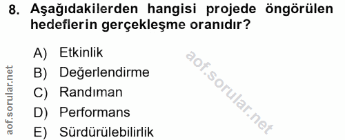 8. soru: Aşağıdakilerden hangisi projede öngörülen hedeflerin gerçekleşme oranıdır? A) Etkinlik B) Değerlendirme C) Randiman D…