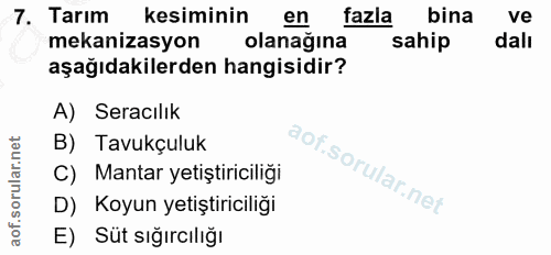 7. soru: Tarım kesiminin en fazla bina ve mekanizasyon olanağına sahip dalı aşağıdakilerden hangisidir? A) Seracılik B) Tavukç…