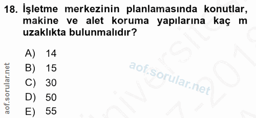 18. soru: İşletme merkezinin planlamasında konutlar, makine ve alet koruma yapılarına kaç m uzaklıkta bulunmalıdır? A) 14 B) 15…