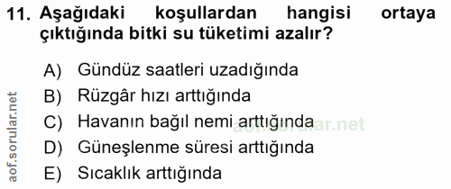 11. soru: Aşağıdaki koşullardan hangisi ortaya çıktığında bitki su tüketimi azalır? A) Gündüz saatleri uzadığında B) Rüzgâr hız…