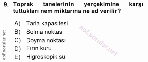 9. soru: Toprak tanelerinin yerçekimine karşı tuttukları nem miktarına ne ad verilir? A) Tarla kapasitesi B) Solma noktası Doy…