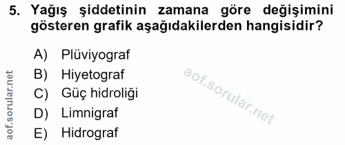 5. soru: Yağış şiddetinin zamana göre değişimini gösteren grafik aşağıdakilerden hangisidir? A) Plüviyograf B) Hiyetograf C) G…
