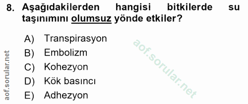 8. soru: Aşağıdakilerden hangisi bitkilerde Su taşınımını olumsuz yönde etkiler? A) Transpirasyon B) Embolizm C) Kohezyon D) K…