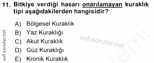 11. soru: Bitkiye verdiği hasarı onarılamayan kuraklık tipi aşağıdakilerden hangisidir? A) Bolgesel Kuraklık B) Yaz Kuraklığı C…