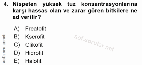 4. soru: Nispeten yüksek tuz konsantrasyonlarına karşı hassas olan ve zarar gören bitkilere ne ad verilir? A) Freatofit B) Kse…