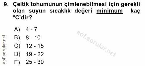 9. soru: Çeltik tohumunun çimlenebilmesi için gerekli olan suyun sıcaklık değeri minimum kaç C'dir? A) 4 - 7 B) 8 - 10 C) 12 -…