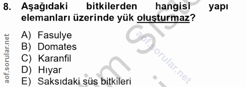 8. soru: Aşağıdaki bitkilerden hangisi yapı elemanları üzerinde yük oluşturmaz? A) Fasulye B) Domates C) Karanfil D) Hıyar E)…