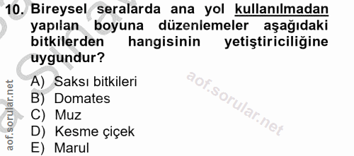 10. soru: Bireysel seralarda ana yol kullanılmadan yapılan boyuna düzenlemeler aşağıdaki bitkilerden hangisinin yetiştiriciliği…