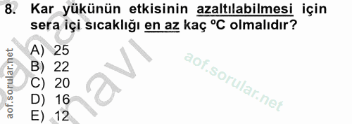 8. soru: Kar yükünün etkisinin azaltılabilmesi için sera içi sıcaklığı en az kaç °C olmalıdır? A) 25 B) 22 C) 20 D) 16 E) 12