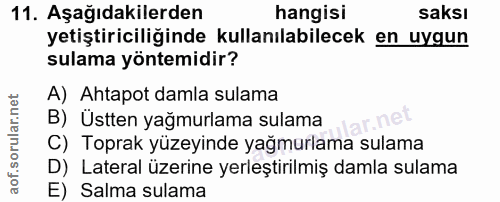 11. soru: Aşağıdakilerden hangisi saksı yetiştiriciliğinde kullanılabilecek en uygun sulama yöntemidir? A) Ahtapot damla sulama…