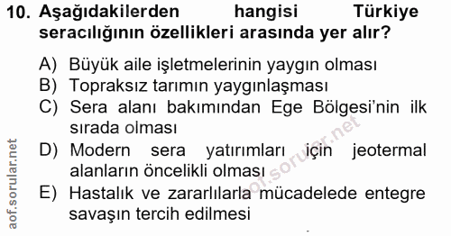 10. soru: Aşağıdakilerden hangisi Türkiye seracılığının özellikleri arasında yer alır? A) Büyük aile işletmelerinin yaygın olma…