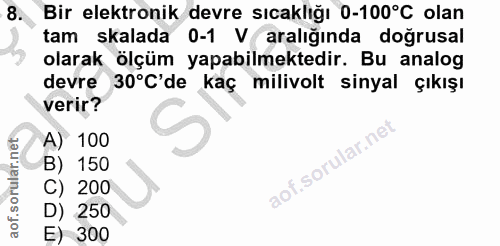 8. soru: Bir elektronik devre sıcaklığı 0-100°C olan tam skalada 0-1 V aralığında doğrusal olarak ölçüm yapabilmektedir. Bu an…