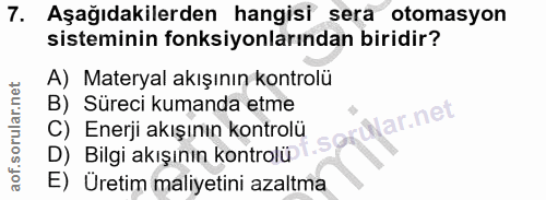 7. soru: Aşağıdakilerden hangisi sera otomasyon sisteminin fonksiyonlarından biridir? A) Materyal akışının kontrolü B) Süreci…