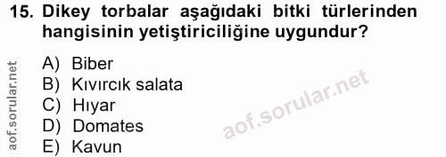 15. soru: Dikey torbalar aşağıdaki bitki türlerinden hangisinin yetiştiriciliğine uygundur? A) Biber B) Kıvırcık salata C) Hıya…