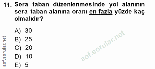 11. soru: Sera taban düzenlenmesinde yol alanının sera taban alanına oranı en fazla yüzde kaç olmalıdır? A) 30 B) 25 C) 20 D) 1…