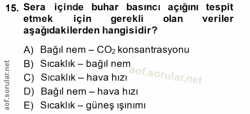 15. soru: Sera içinde buhar basıncı açığını tespit etmek için gerekli olan veriler aşağıdakilerden hangisidir? A) Bağıl nem - C…