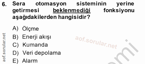 6. soru: Sera otomasyon sisteminin yerine getirmesi beklenmediği fonksiyonu aşağıdakilerden hangisidir? A) Ölçme B) Enerji akı…