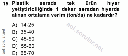 15. soru: Plastik serada tek ürün hiyar yetiştiriciliğinde 1 dekar seradan hıyarda alınan ortalama verim (ton/da) ne kadardır?…