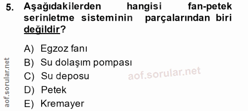 5. soru: Aşağıdakilerden hangisi fan-petek serinletme sisteminin parçalarından biri değildir? A) Egzoz fanı B) Su dolaşım pomp…
