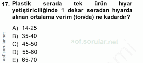 17. soru: Plastik serada tek ürün hiyar yetiştiriciliğinde 1 dekar seradan hıyarda alınan ortalama verim (ton/da) ne kadardır?…