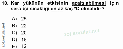 10. soru: Kar yükünün etkisinin azaltılabilmesi için sera içi sıcaklığı en az kaç °C olmalıdır? A) 25 B) 22 C) 20 D) 16 E) 12