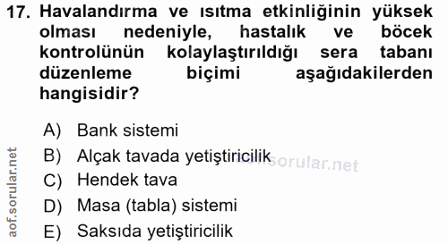 17. soru: Havalandırma ve ısıtma etkinliğinin yüksek olması nedeniyle, hastalık ve böcek kontrolünün kolaylaştırıldığı sera tab…