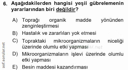 6. soru: Aşağıdakilerden hangisi yeşil gübrelemenin yararlarından biri değildir? A) Toprağl organik madde yönünden zenginleşti…