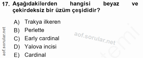 17. soru: Aşağıdakilerden hangisi beyaz ve çekirdeksiz bir üzüm çeşididir? A) Trakya ilkeren B) Perlette C) Early cardinal D) Y…