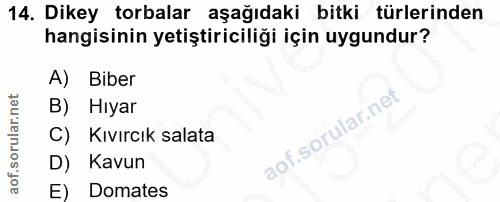 14. soru: Dikey torbalar aşağıdaki bitki türlerinden hangisinin yetiştiriciliği için uygundur? Biber B) Hıyar C) Kıvırcık salat…
