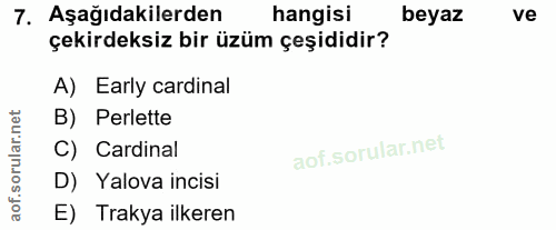 7. soru: Aşağıdakilerden hangisi beyaz ve çekirdeksiz bir üzüm çeşididir? A) Early cardinal B) Perlette C) Cardinal D) Yalova…