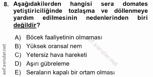 8. soru: Aşağıdakilerden hangisi sera domates yetiştiriciliğinde tozlaşma ve döllenmeye yardım edilmesinin nedenlerinden biri…