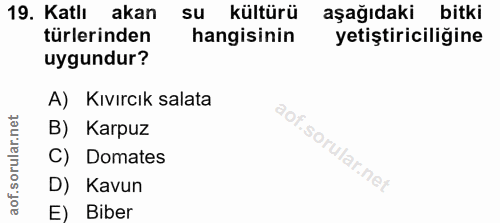 19. soru: Katlı akan su kültürü aşağıdaki bitki türlerinden hangisinin yetiştiriciliğine uygundur? A) Kıvırcık salata B) Karpuz…