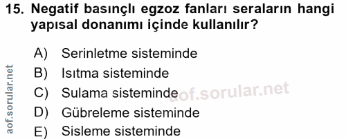 15. soru: Negatif basınçlı egzoz fanları seraların hangi yapısal donanımı içinde kullanılır? A) Serinletme sisteminde B) Isıtma…