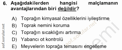 6. soru: Aşağıdakilerden hangisi malçlamanın avantajlarından biri değildir? A) Toprağın kimyasal özelliklerini iyileştirme B)…