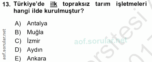 13. soru: Türkiye'de ilk topraksız tarım işletmeleri hangi ilde kurulmuştur? A) Antalya B) Muğla C) Izmir D) Aydın E) Ankara
