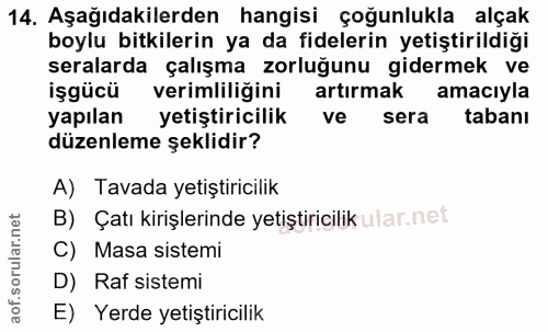 14. soru: Aşağıdakilerden hangisi çoğunlukla alçak boylu bitkilerin ya da fidelerin yetiştirildiği seralarda çalışma zorluğunu…