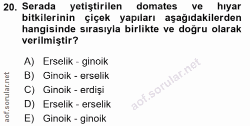 20. soru: Serada yetiştirilen domates ve hiyar bitkilerinin çiçek yapıları aşağıdakilerden hangisinde sırasıyla birlikte ve doğ…