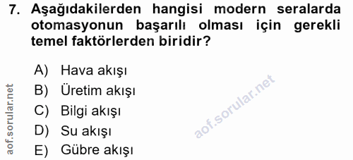 7. soru: Aşağıdakilerden hangisi modern seralarda otomasyonun başarılı olması için gerekli temel faktörlerden biridir? A) Hava…