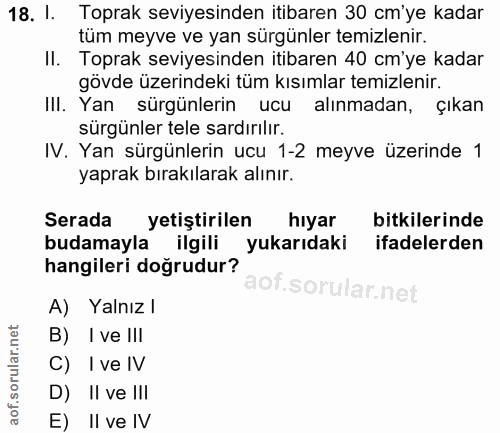 18. soru: I. Toprak seviyesinden itibaren 30 cm'ye kadar tüm meyve ve yan sürgünler temizlenir. II. Toprak seviyesinden itibare…