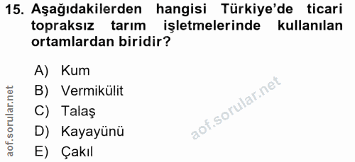 15. soru: Aşağıdakilerden hangisi Türkiye'de ticari topraksız tarım işletmelerinde kullanılan ortamlardan biridir? A) Kum B) Ve…