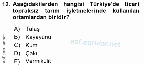 12. soru: Aşağıdakilerden hangisi Türkiye'de ticari topraksız tarım işletmelerinde kullanılan ortamlardan biridir? A) Talaş B)…
