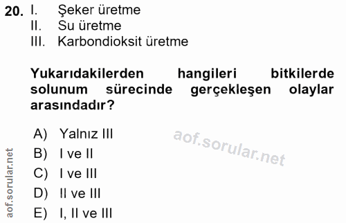 20. soru: 1. Şeker üretme Su üretme III. Karbondioksit üretme Yukarıdakilerden hangileri bitkilerde solunum sürecinde gerçekleş…