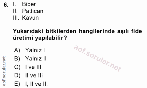 6. soru: I. Biber II. Patlıcan III. Kavun Yukarıdaki bitkilerden hangilerinde aşılı fide üretimi yapılabilir? A) Yalnız l B) Y…