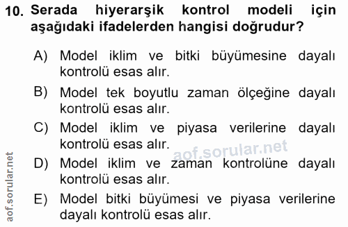 10. soru: Serada hiyerarşik kontrol modeli için aşağıdaki ifadelerden hangisi doğrudur? A) Model iklim ve bitki büyümesine daya…