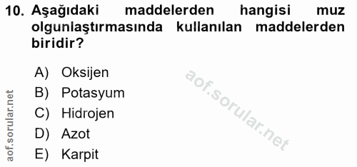10. soru: Aşağıdaki maddelerden hangisi muz olgunlaştırmasında kullanılan maddelerden biridir? A) Oksijen B) Potasyum C) Hidroj…