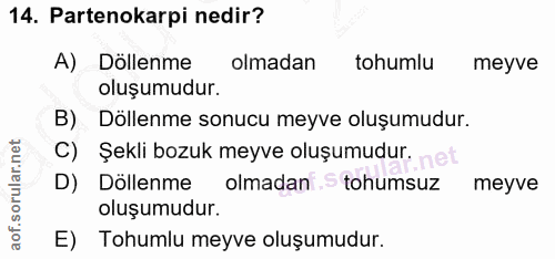 14. soru: Partenokarpi nedir? A) Döllenme olmadan tohumlu meyve oluşumudur. B) Döllenme sonucu meyve oluşumudur. C) Şekli bozuk…