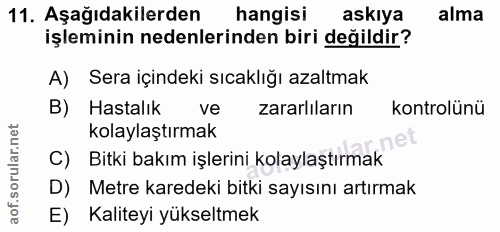 11. soru: Aşağıdakilerden hangisi askıya alma işleminin nedenlerinden biri değildir? A) Sera içindeki sıcaklığı azaltmak B) Has…