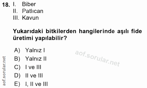 18. soru: 1. Biber I. Patlıcan III. Kavun Yukarıdaki bitkilerden hangilerinde aşılı fide üretimi yapılabilir? A) Yalnız l B) Ya…