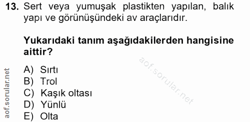 13. soru: Sert veya yumuşak plastikten yapılan, balık yapı ve görünüşündeki av araçlarıdır. Yukarıdaki tanım aşağıdakilerden ha…