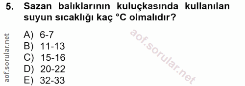 5. soru: Sazan balıklarının kuluçkasında kullanılan suyun sıcaklığı kaç °C olmalıdır? A) 6-7 B) 11-13 C) 15-16 D) 20-22 E) 32-33